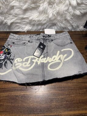 Ed Hardy Gray Mini Skirt with Cream Logo and Multicolor Tattoo Graphic